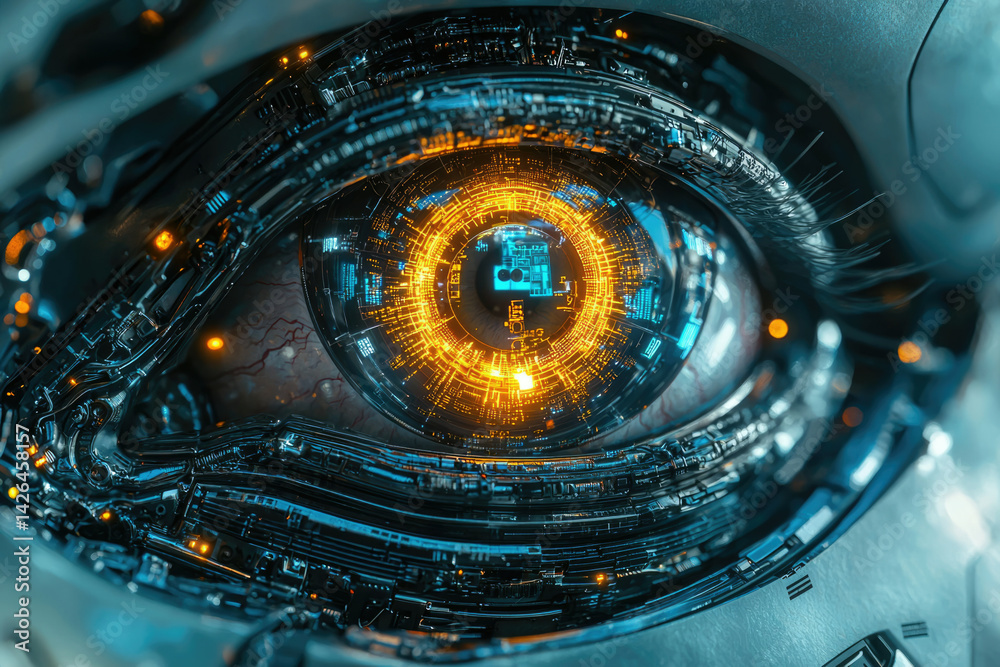 Poster Close-up of a robotic eye with intricate circuitry and glowing golden iris, suggesting advanced technology and artificial intelligence.