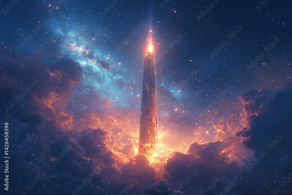 Poster a celestial skyscraper piercing through vibrant clouds, illuminated by starlight, under a breathtaki