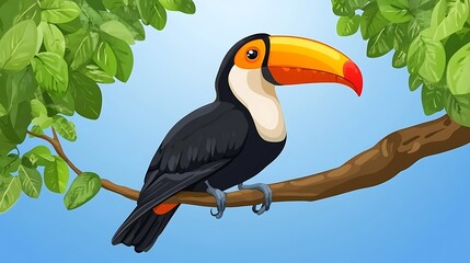 Toucan perched on branch with jungle.