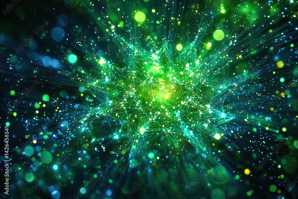 Aufkleber Abstract network with green and blue lights, resembling interconnected data points and energy fields, radiating from a central hub.
