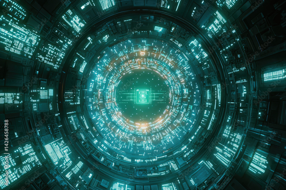 Aufkleber Abstract circular design showcasing intricate glowing patterns and a central square, creating a futuristic technological aesthetic with cyan and orange hues.