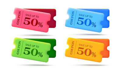 Set of 3d special coupons in different color with coupon code, percent price off, isolated on white background. Special sale discount voucher poster for promotion campaign. 3d flash sale coupon vector