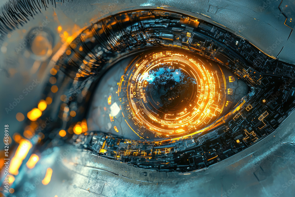 Poster a futuristic, robotic eye stares intensely, glowing with intricate circuit patterns and a bright, ot