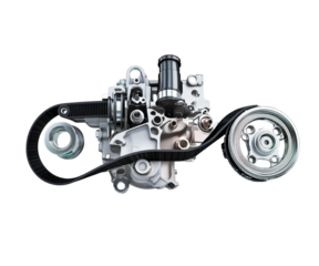 Cuboid flat view of an engine belt set with water pump and counter idler on Png Format and Transparent Background