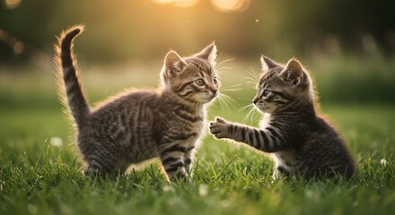 Kittens Playing in the Grass at Sunset