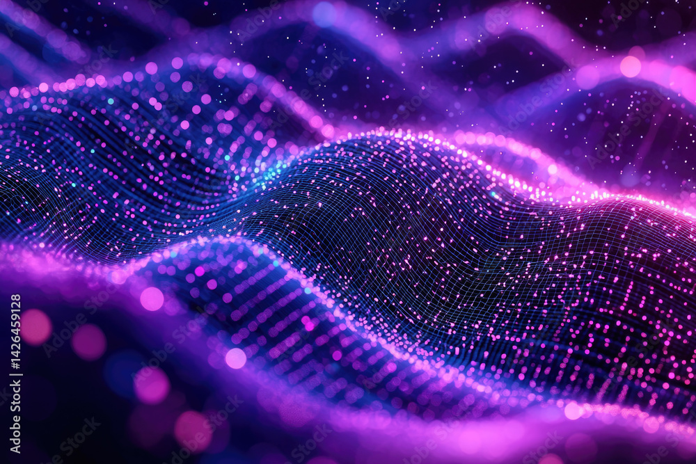 Aufkleber a vibrant, futuristic digital landscape with glowing particles flowing over an undulating grid in sh