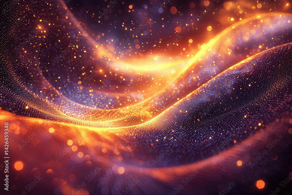 Poster Abstract flowing golden light and glittering particles create a mesmerizing and vibrant cosmic wave, evoking a sense of otherworldly beauty.