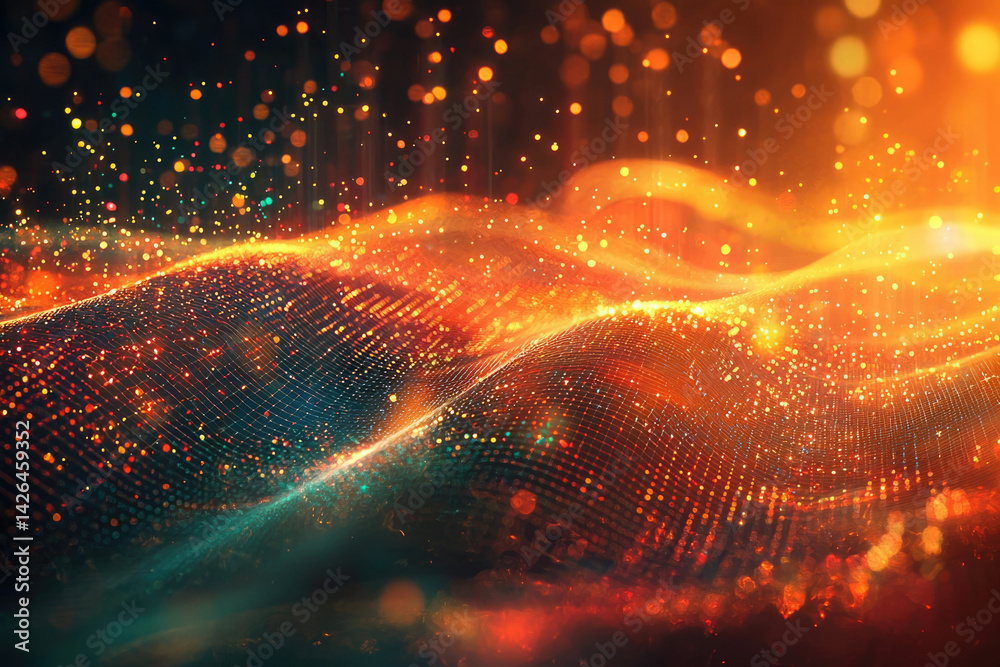 Poster An abstract landscape featuring a digital mesh, glowing particles, and vibrant orange and turquoise color gradients, creating a futuristic and dynamic scene.
