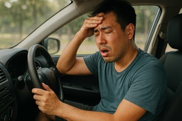 Man Struggling with Overheating in Car Without Air Conditioning