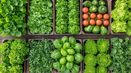 Fresh organic greens diverse lettuce, herbs and vegetables in wooden boxes