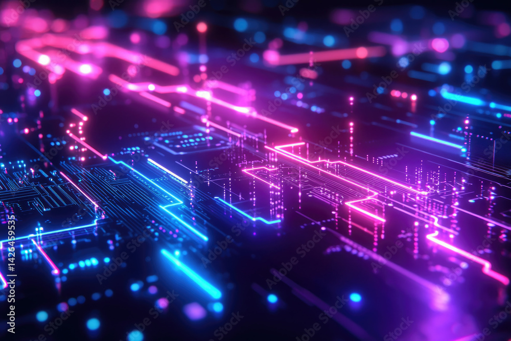 Poster abstract image of a futuristic cyberpunk circuit board with glowing neon blue and pink lights sugges