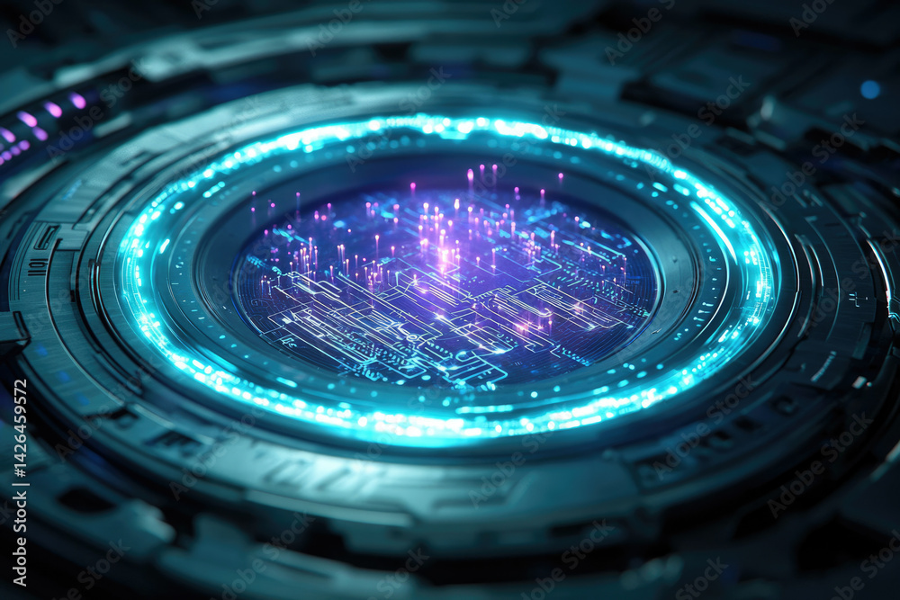Aufkleber futuristic technology core with glowing blue and pink lights, intricate circuit patterns, and mechan