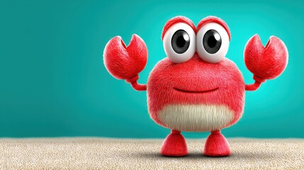 Fototapeta premium Playful Red Cartoon Crab on Sandy Beach with Teal Background