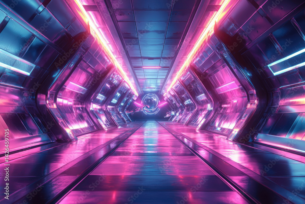 Poster futuristic tunnel with neon lighting in pink and blue, creating a cyberpunk, sci-fi, and vibrant atm