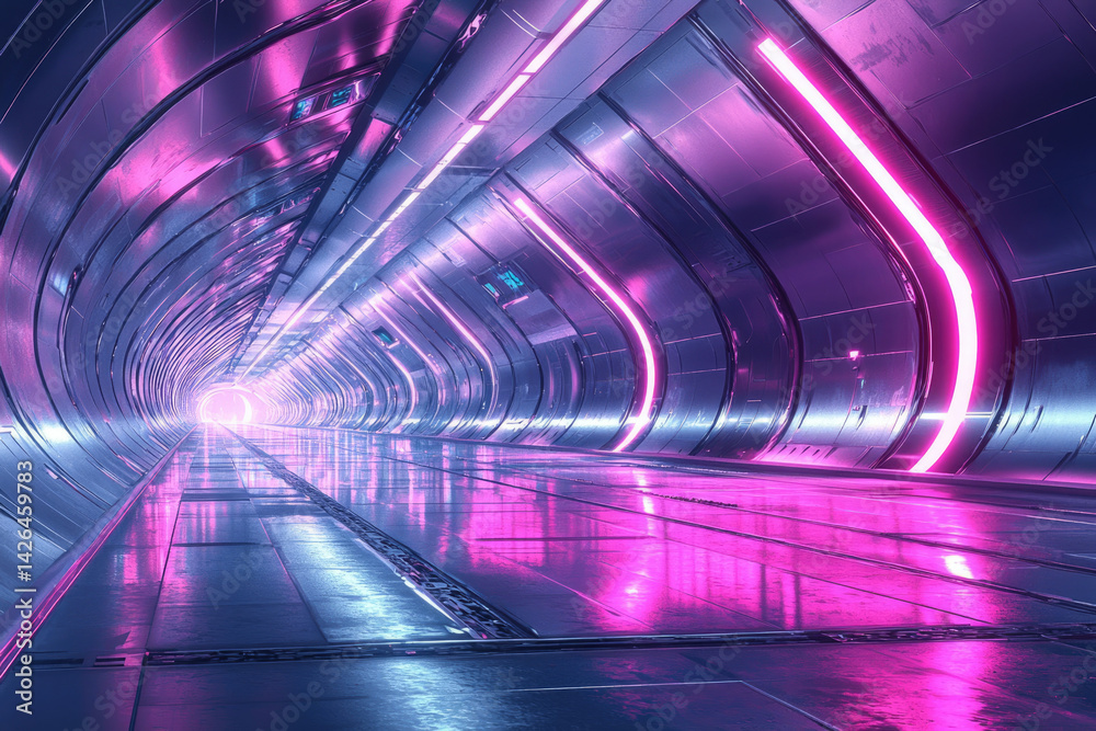 Poster A futuristic tunnel with glowing pink neon lights creates a sense of moving through a technological gateway into the unknown future.