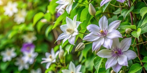 Obraz premium Fragrant white flowers on a climbing vine surrounded by lush green leaves and intricate purple tendrils , flower, blooming