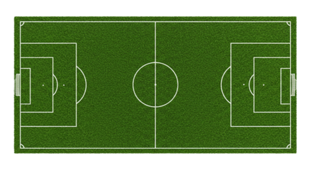 Aerial view of a soccer field with white lines marking the boundaries and center circle on green grass