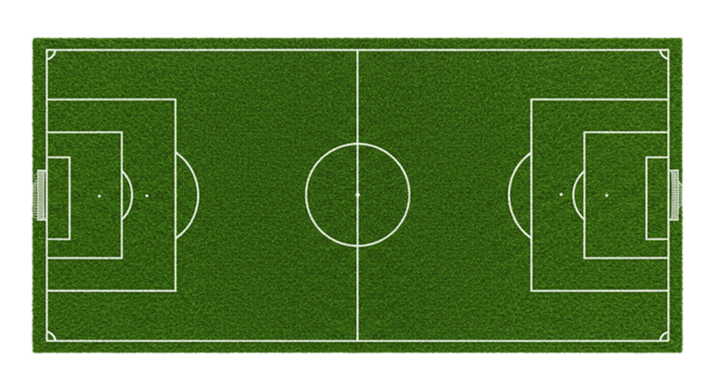 Aerial view of a soccer field with white lines marking the boundaries and center circle on green grass