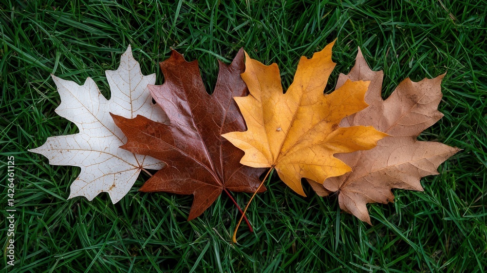 Poster a row of four different colored leaves are on the grass