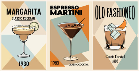 Cocktails retro poster set. Espresso Martini, Margarita, Old fashioned. Collection of popular alcohol drinks. Vintage flat vector illustrations for bar, pub, restaurant, kitchen wall art print