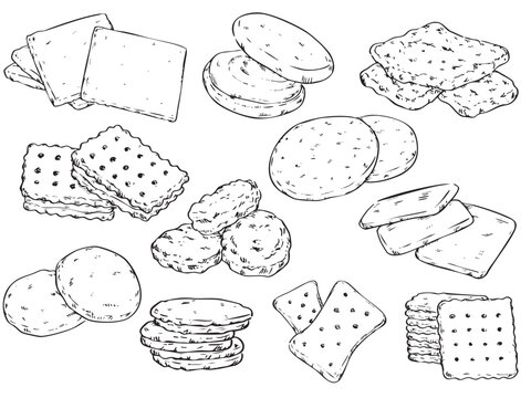 Collection of hand drawn crackers snd biscuits outline drawing food illustration 