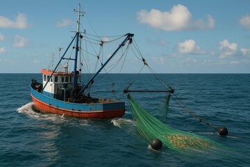 Obraz premium Fishing boat with net in calm blue water under clear sky