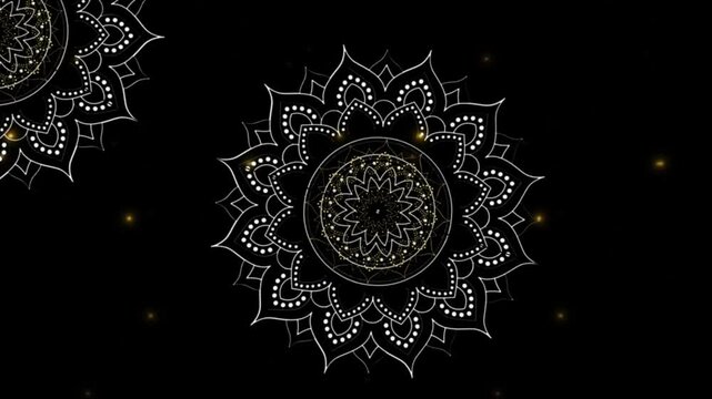 Shiny Black Theme Mandala Art Islamic Background Overlay Glowing Circular Ornament Rotating Arabesque Pattern for Ramadan Eid Prayer and Religious Spiritual Design