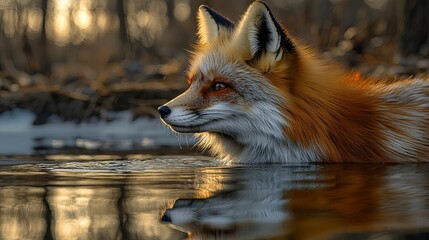 Naklejka premium Red fox bathing in a shallow winter stream.