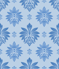 Damask seamless pattern with blue flowers, vintage design, vector illustration elegant for textile design, wall paper, bedding, rug, curtains, cushion, scarf, upholstery fabric, decoration, interior