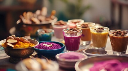 A festive Holi celebration spread with gulal colors, plates of sweets, and glasses of Thandai topped with almonds