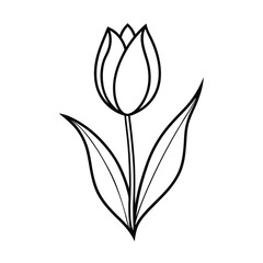 Simple tulip flower illustration in black and white outline style with stem and leaves