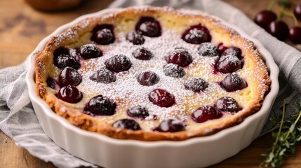 National Cherry Dessert Day Freshly baked cherry clafoutis in ceramic dish with powdered sugar