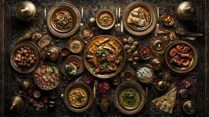 Obraz premium A festive Indian banquet with multiple plates of traditional dishes, surrounded by brass tableware and cultural elements