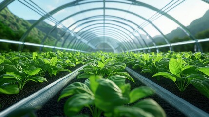 Lush green leafy vegetables growing in modern greenhouse
