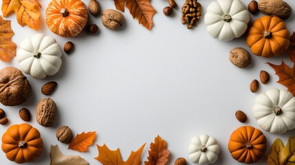 A white background with a variety of fall fruits and nuts, including apples
