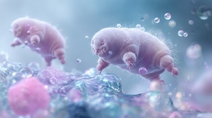 Fototapeta premium Microscopic view of tardigrades floating in a surreal underwater habitat