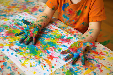 Child's Hands and Paper with Multicolored Paint