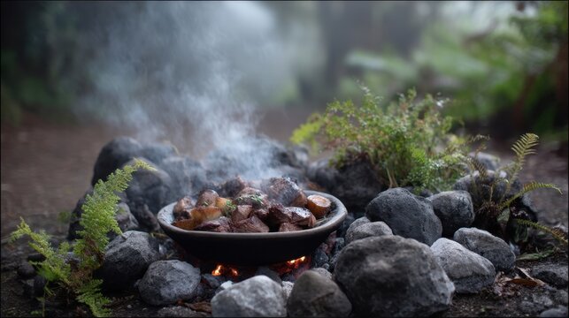 Traditional earth oven cooking with stone and vegetables in outdoor setting Maori hangi feast: meat and root vegetables steaming in an earth oven - Powered by Adobe