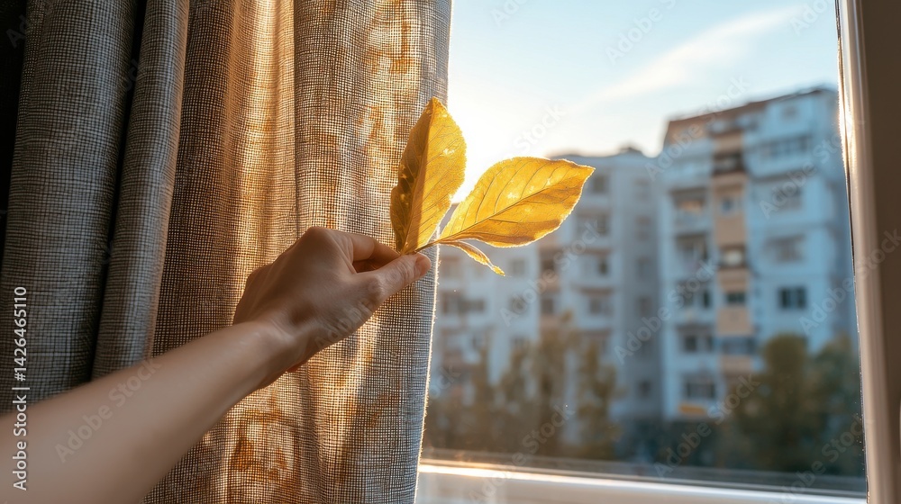 Poster A hand holding a leaf in front of a window with a building in the background