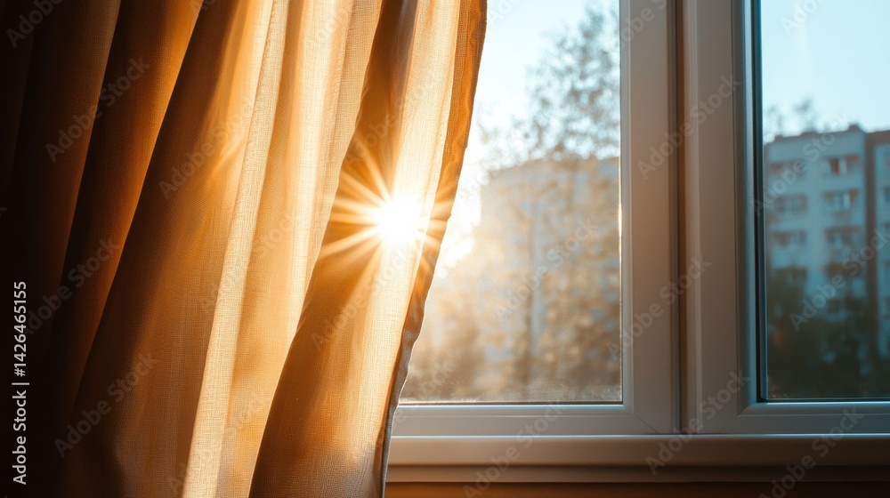 Poster a window with a curtain drawn and a sun shining through it