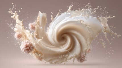Creamy swirl explosion with pink flowers and splashes in dynamic motion