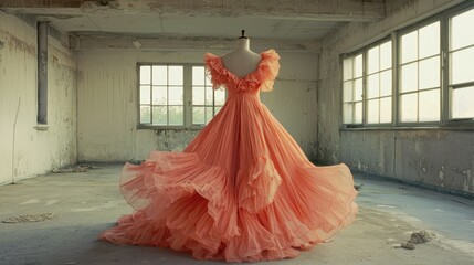 A flowing peach chiffon maxi dress with ruffled neckline displayed elegantly on a mannequin in a minimalist room