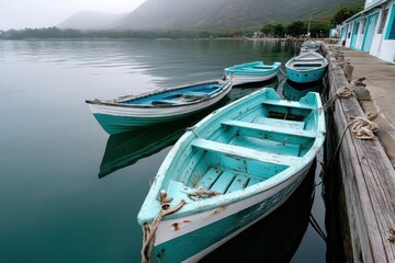 Obraz premium A serene view of rustic fishing boats anchored near a tranquil shoreline, reflecting a peaceful atmosphere surrounded by misty mountains and calm water.