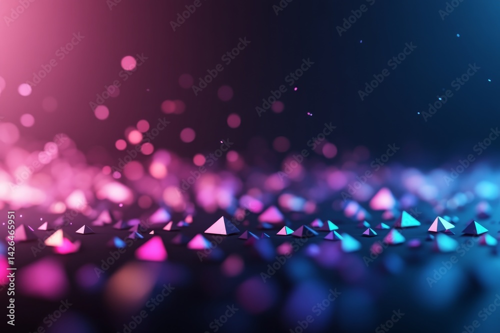 Aufkleber Low-angle close-up of illuminated neon triangles forming a dynamic geometric pattern on a dark surface, enhancing a futuristic aesthetic with ample copy space