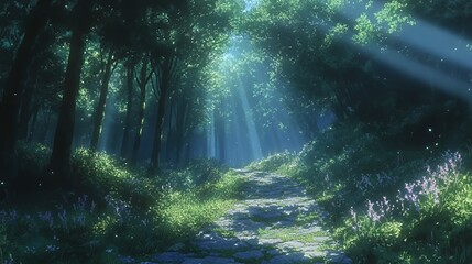 Obraz premium A serene forest path illuminated by soft sunlight beams through lush foliage.