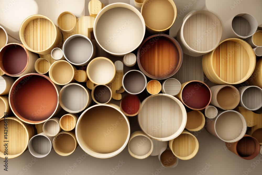 Poster Geometric Arrangement of Stacked Barrels in Neutral Tones Creating a Modern Decorative Display
