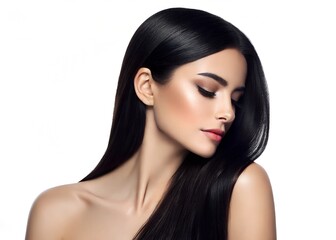 Obraz premium Elegant woman with long, sleek black hair and radiant skin, embodying natural beauty and timeless style in a minimalist portrait. white background