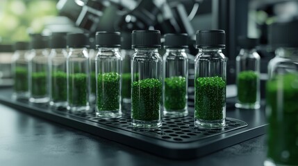 A row of green bottles with lids on a table