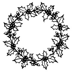Fototapeta premium Black and White Holly Wreath Outline Design with Seasonal Holiday Style 