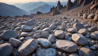 Fototapeta premium A vast, rocky landscape extends to the horizon, with mountains bathed in soft light.